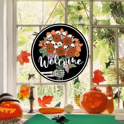 Halloween Welcome Sign Skull Flower Skeleton Gothic Spooky Halloween Door Decorations Wooden Hanger for Front Door Porch Wall Indoor Home Office Decor - Image 5