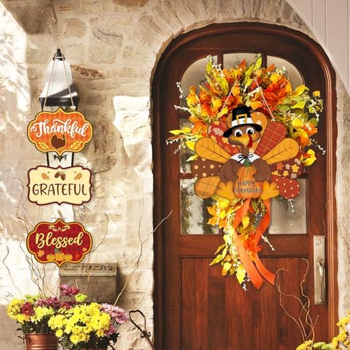 Thanksgiving Decoration Wood Pumpkin Turkey Door Wall Wreath for Front Door Sign Thankful Blessed Grateful, Pumpkin Sign for Fall Autumn Harvest Home Thanksgiving Party Outdoor Halloween Decoration - Image 4