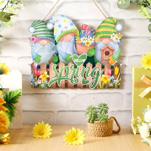 Barydat Spring Door Sign Tulip Gnome Wreath for Front Door Wreath Truck Gnome Welcome Hanger Wooded Hanging Wall Sign for Home Summer(Gnome) - Image 2