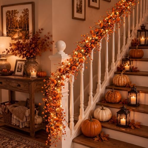 Wavwavw 5 ft Fall Garland with Lights Artificial Pumpkin and Berry Garland - Image 6