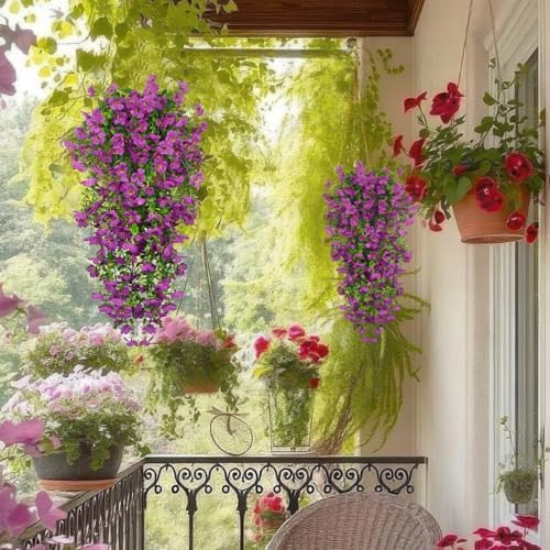 4 Pcs Artificial Hanging Flowers for Outdoors Spring Summer Purple Faux Silk Daisy Flowers UV Resistant Realistic Fake Hanging Plants for Outside Home Indoor Planter Porch Garden Yard Decor - Image 5