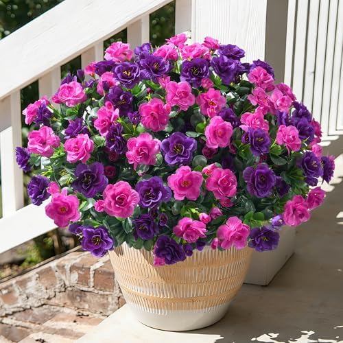 Artificial Faux Outdoor Flowers Plants for Spring Summer Decoration, Fake Silk Camellia UV Resistant Look Real for Planter Outside Front Door Porch Patio Balcony, 3 Large Bundles (Purple+Fuchsia) by HyeFloraartificialflowers