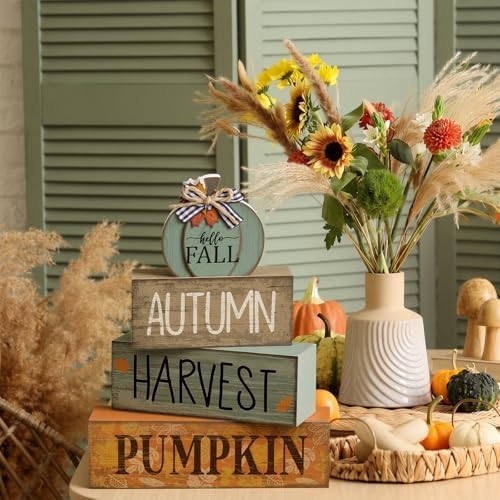 Lineshading 4 Pcs Fall Wood Block Signs Pumpkin Harvest Tiered Tray Decor - Image 4