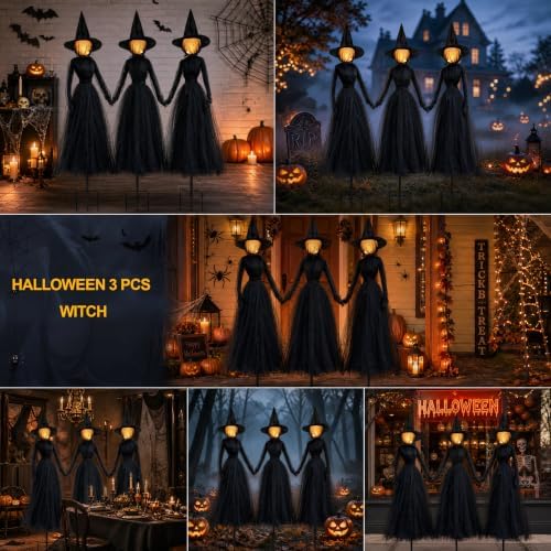 TW SHINE Halloween Witch Decorations Outdoor, 6 FT Set of 3 Holding Hands Witches Stakes with Glowing Face, Lighted Halloween Decor for Party Yard Lawn Porch Garden Haunted House Props - Image 6