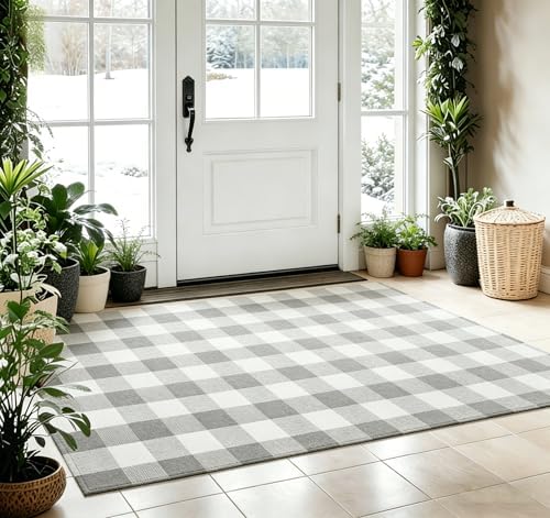 Buffalo Plaid Outdoor Rug 4x6 Ft Gray and White Checkered Area Rug Washable Indoor Outdoor Rugs for Entryway,Hallway, Kitchen, Living Room, Dining Room, Bedroom - Image 4