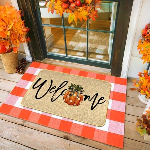 2Pcs Fall Door Mat Combo Set Pumpkin Welcome Doormat + 28" x 43" Orange and White Buffalo Plaid Rug for Autumn Thanksgiving Halloween Porch Entryway Indoor Outdoor Decor by Unknown