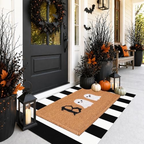 Halloween Door Mat Combo Set, Boo Ghost Coco Coir Welcome Doormat + 28" x 43" Black and White Plaid Rug, Autumn Halloween Front Porch Entryway Decor Floor Mat - Image 4