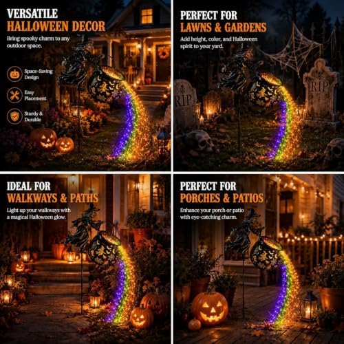 Halloween Witch Cauldron Garden Light, Colorful Waterfall-Style Light Flow Flying Witch Garden Stake with Projector Lights for Outdoor Yard, Lawn, Patio, Pathway,Halloween Party(No Battery) - Image 6