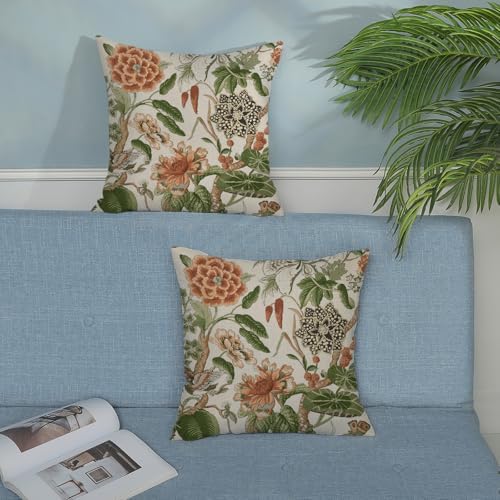 Sage Green Boho Pillow Covers 20x20 Inch 2 Pcs Chinoiserie Burnt Orange Floral Bird Decor Throw Pillows Vintage Flower Seasonal Outdoor Farmhouse Pillowcase Linen Cushion Cover for Couch Sofa - Image 3