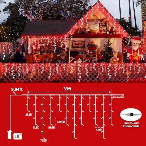 YEGUO 33ft 400 LED Red and White Icicle Lights Outdoor Waterproof, 80 Drops Icicle String Lights Connectable, 8 Modes Icicle Christmas Lights with Memory - Image 2