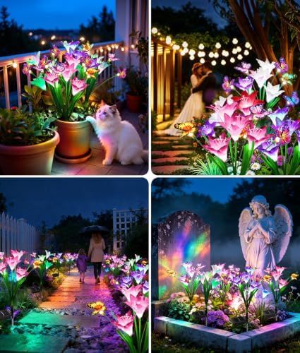 KOOPER Solar Lights Outdoor Garden Decor 4 Pack, 16 Lily Flowers and 12 Swaying Butterflies, IP65 Waterproof 7 Color Changing Solar Flower Lights for Yard Patio Pathway, Gifts for Mom Women Grandma - Image 6