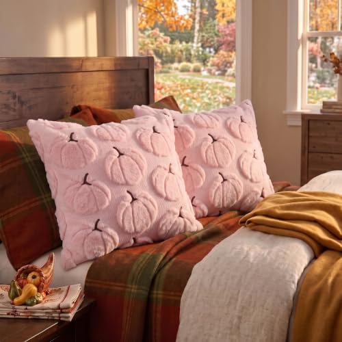 Fall Pillow Covers Pumpkin Fall Decor 16x16 Set of 2 Pink - Image 5