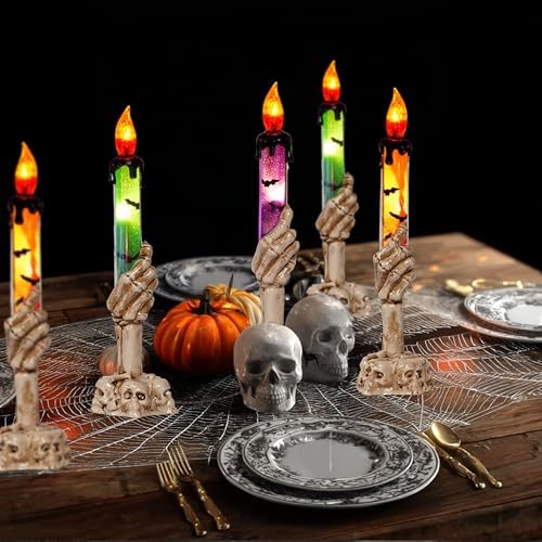 Hourleey Halloween Decorations, 10 Pack Skull Candle Lights with Stakes, Battery Operated Waterproof Pathway Decor with Timer for Indoor Outdoor Front Pathway Lawn Yard Garden - Image 3