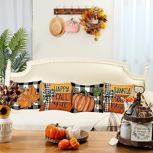 GEEORY Fall Pillow Covers 18 x 18 Inch Set of 4, Buffalo Bowknot Pumpkin Maple Leaf Decorative Throw Cushion Cases Farmhouse Thanksgiving Decor Indoor Decoration for Home Sofa Couch (Orange) 392-18 - Image 2