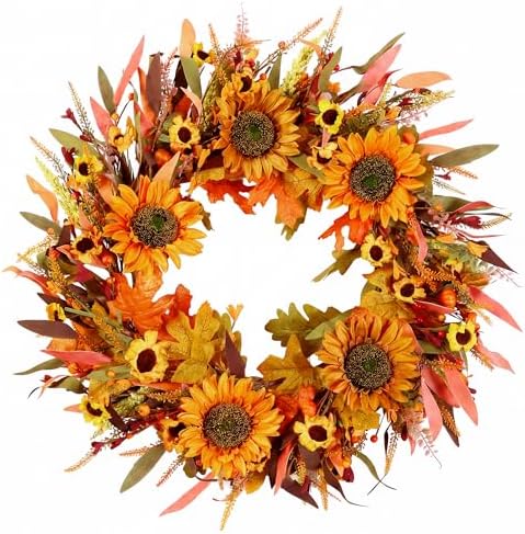 Pinkpum 24" Fall Wreath Front Door Sunflower Artificial Wall Decor Autumn by Pinkpum