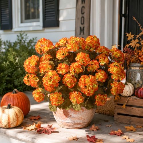 Fake Geraniums Artificial Flowers for Outdoors Autumn Decoration, 6 Bundles Silk Geraniums Look Real Faux Fall Flowers Plants for Front Door Garden Planter Patio Balcony Yard Home Indoor, OrangeYellow - Image 3