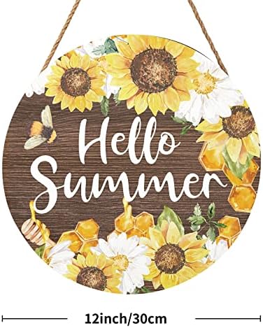 Hello Summer Sign 12 x 12 Inch Summer Themed Sunflower Welcome Sign Front Door Decor Farmhouse Porch Decoration Sunflower Round Wooden Hanging Sign for Home Garden Farmhouse Yard - Image 2
