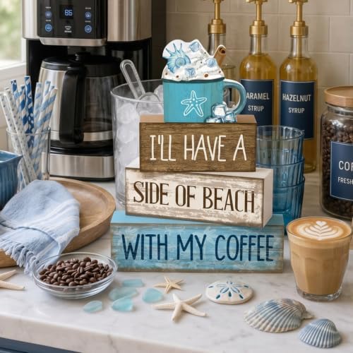 Lineshading 4 Pcs Beach Coastal Wooden Block Signs with Coffee Cup Summer - Image 5