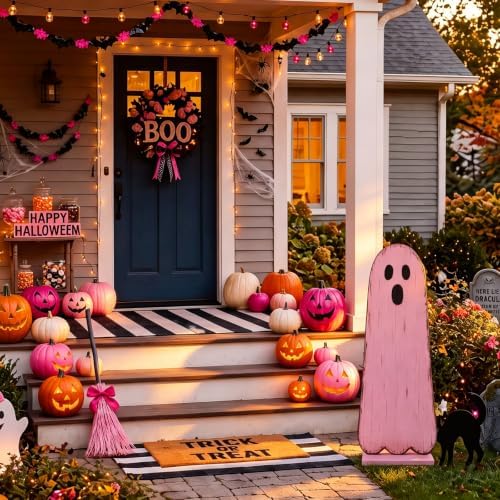 Novabright 30.2 H Halloween Pink Ghost Porch Sign Standing Wooden Decor - Image 4