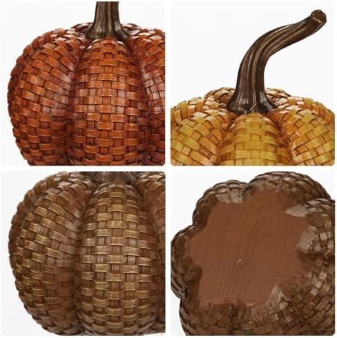 Hollyone Fall Pumpkins Decor, 3PCS Rattan Resin Pumpkins for Decorating Figurines Decorative Pumpkin for Home Autumn Harvest Thanksgiving Halloween Party Wedding Table Centerpiece Indoor Decor - Image 3