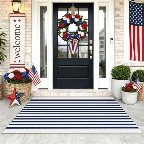 KOZYFLY Striped Rug 3x5 ft Front Door Rugs Blue White Cotton Woven Doormat by KOZYFLY