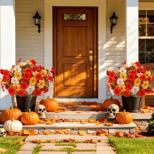 Geegoods Fall Flowers Outdoor, 4 Bundles Orange Yellow White Faux Petunias - Image 7