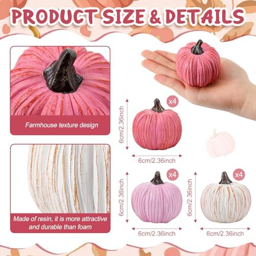 Geelin 12 Pcs Pink Rustic Fall Pumpkin Decor Resin Pumpkins for Thanksgiving Decorations Farmhouse Decorative Pumpkins 2.36" for Fall Home Decor Autumn Tabletop Centerpiece Harvest Wedding - Image 3