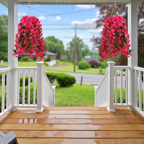 Sggvecsy Artificial Fake Hanging Flowers Plants for Outdoor Outside Spring Summer Decoration 4PCS Faux Silk UV Resistant Realistic Morning Glory Trailing Vines for Home Porch Patio Balcony(Rose red) - Image 5