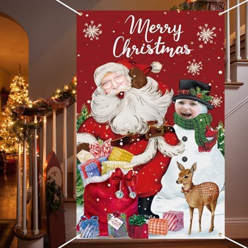 Lunmon 6 x 4 ft Christmas Photo Booth Prop Head Cutout Red Christmas Door Cover Banner Santa Claus Photography Backdrop Snowman Backdrop Xmas Background Party Decoration - Image 6