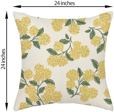 Mustard Yellow Outdoor Pillow Covers 24x24 Inch 2 Pcs Green Hydrangea Flower Decor Throw Pillows Spring Summer Seasonal Vintage Floral Decoration Pillowcase Linen Cushion Cover for Couch Sofa - Image 6