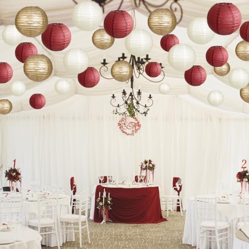 Round Hanging Paper Lanterns Burgundy and Gold Party Decorations15pcs - Image 6