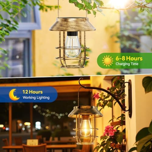 4 Pack Solar Lanterns Outdoor Waterproof, Metal Hanging Lantern, Bronze - Image 4