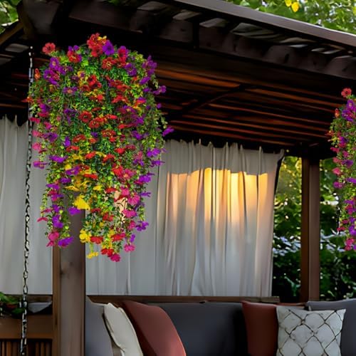 Artificial Hanging Flowers for Outdoor Spring Decoration, 4PCS Fake Silk Daisy with Eucalyptus Leaves UV Resistant Look Real Faux Flowers for Outside Porch Patio Window Box Yard Home Decor (Mix Color) - Image 2