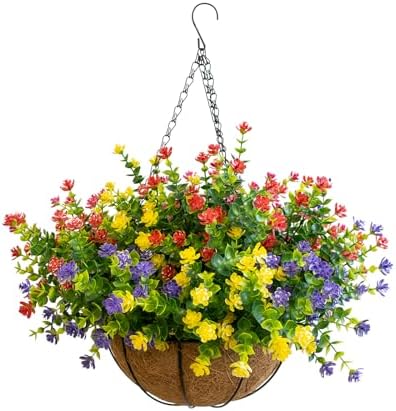 Artificial Hanging Plants Flowers with Basket for Spring Summer Outdoor Decoration, Yellow Purple Pink Red by BCBLF