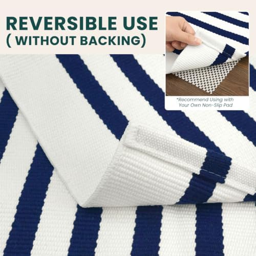 KOZYFLY Striped Rug 3x5 ft Front Door Rugs Blue White Cotton Woven Doormat - Image 4