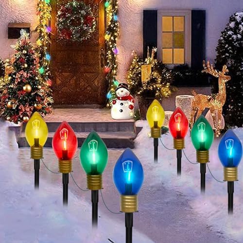 GOOTHY Jumbo C9 Christmas Pathway Lights Outdoor, 2 Pack 7Ft Christmas Decorations String Lights with 8 LED Jumbo Multicolor Bulb Marker Stakes Lights for Outdoor Walkway Lawn Yard Garden by Goothy