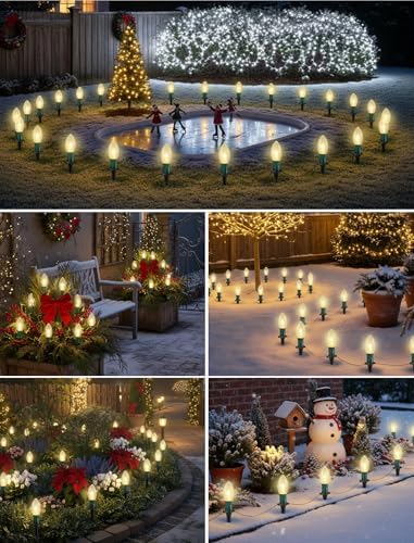 Christmas Pathway Lights Outdoor,38FT 25 Pcs Warm White Extendable Waterproof Walkway Lights with C9 Clear Bulbs and Stakes for Outdoor Yard Porch Driveway Backyard Christmas Decorations - Image 6
