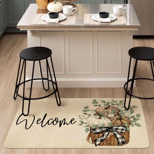 Fall Door Mat Outside,Pumpkin Eucalyptus Welcome Mat for Front Door,Thanksgiving Autumn Indoor Outdoor Non-Slip Rugs,Fall Doormat for Farmhouse Home Porch Decorations (Brown 30" x 17") - Image 5