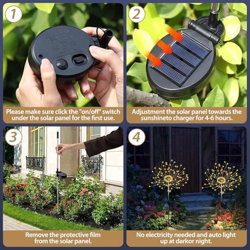 DONGULI Outdoor Solar Garden Lights, 120 LEDs 8 Lighting Modes Waterproof Solar Fireworks Light Sparklers for Patio Walkway Yard Courtyards Pathway Christmas Party Decorations, Colorful(4 Pack) - Image 6