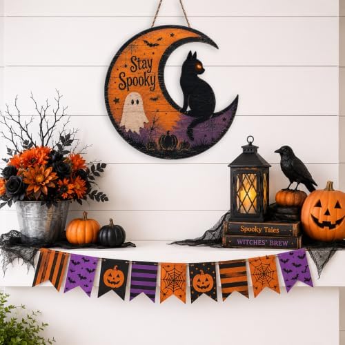 Halloween Door Sign Wooden Hanging Plaque Cat Moon Front Door Porch Decor - Image 5