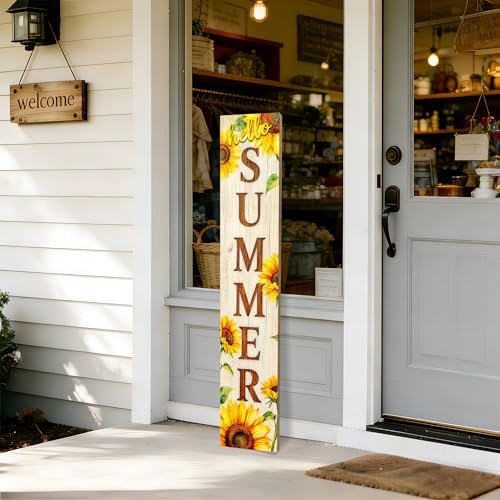 Hello Summer wooden porch sign Vertical hanging decorations Welcome sign front door standing Decorative sign 47x7.8Inch Sunflower pattern Suitable for Outside Decor - Image 5