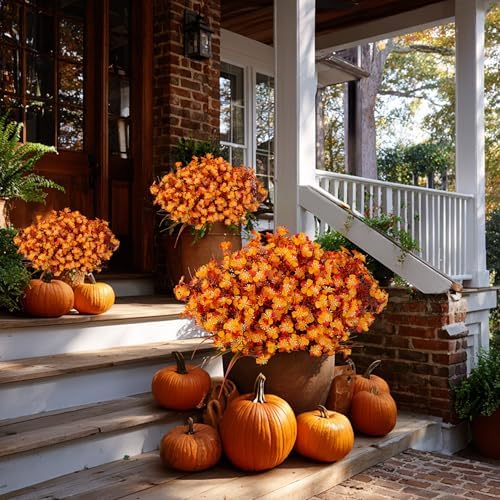 AXYLEX Artificial Fall Flowers Outdoor Fake Mums (Orange, 12 Bundles) - Image 7