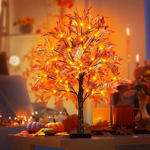 24 Inch Lighted Maple Tree with 36 Lights, 72 Leaves, 6 Acorn, Timer Battery Operated Tabletop Artificial Fall Tree for Thanksgiving Harvest Home Decor, Fall Table Centerpiece Decorations - Image 5