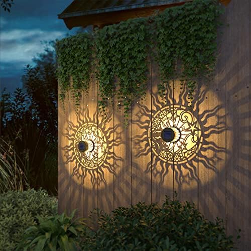 gardencave 2 Pack Solar Fence Lights Metal Solar Powered Outdoor Wall Deck Lights Sun Moon Theme Waterproof Fence Light for Garden Post Patio Backyard Yard Decor (Face, 2 Pack) - Image 7