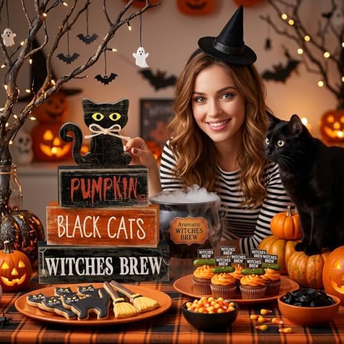 Lineshading 4 Pcs Halloween Table Decor for Home, Wooden Black Cat Sign Set - Image 2