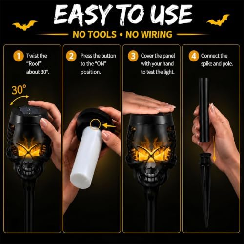 8 Pack Solar Halloween Lights Outdoor, Flickering Flame Skull Torches, Waterproof Purple Solar Lights for Yard, Spooky Skull Pathway Lights for Halloween Outdoor Decorations (Yellow) - Image 6