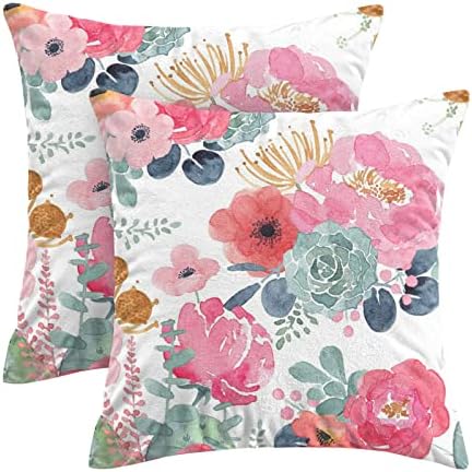 CXMEIFLY Spring Floral Pillow Covers 16 x 16 Inch Set of 2 for Watercolor Pink Flowers Decor Throw Pillows Green Leaves Plant Outdoor Decorative Cushion Cases with Zipper for Couch Bed Decorations by CXMEIFLY