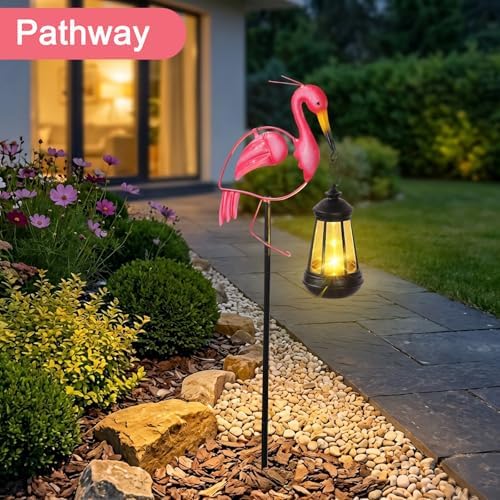 LOVERUIS Solar Garden Decor Lights Outdoor Waterproof, Metal Flamingo Stakes with Solar Lanterns, Solar Garden Lights for Decorative Yard Art Outside Patio Lawn Ornaments, Gifts for Women Mom - Image 5