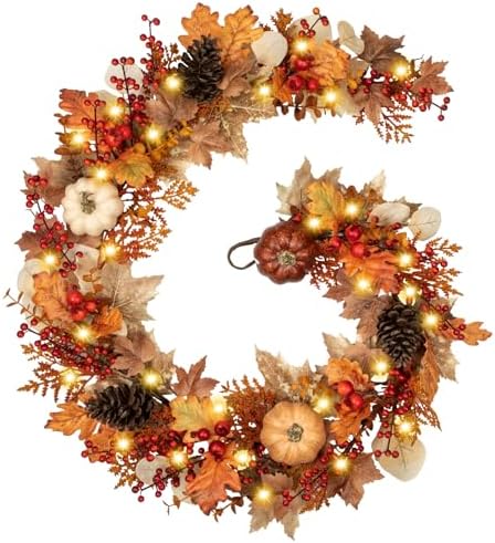 6FT Fall Garland for Mantle with Lights, Pumpkins, Pinecones, Berries by VillaComo