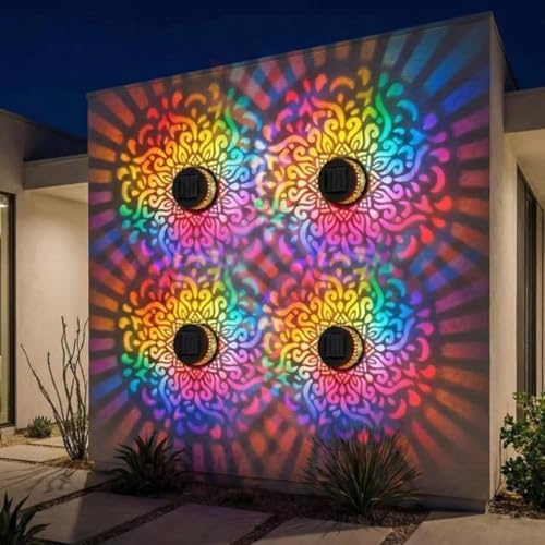 Lscsdf Seven-Color Changing Solar Mandala Projection Wall Light Decorative Solar Mandala Lights Outdoor Waterproof Metal Fence Lights for Yard Garden Post Patio Backyard Decor (4pcs) - Image 5